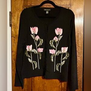 INC International Concepts Black Cardigan with Pink Floral Embroidery NWT